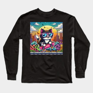 Cat Wearing Sunglasses Riding A Skateboard Long Sleeve T-Shirt